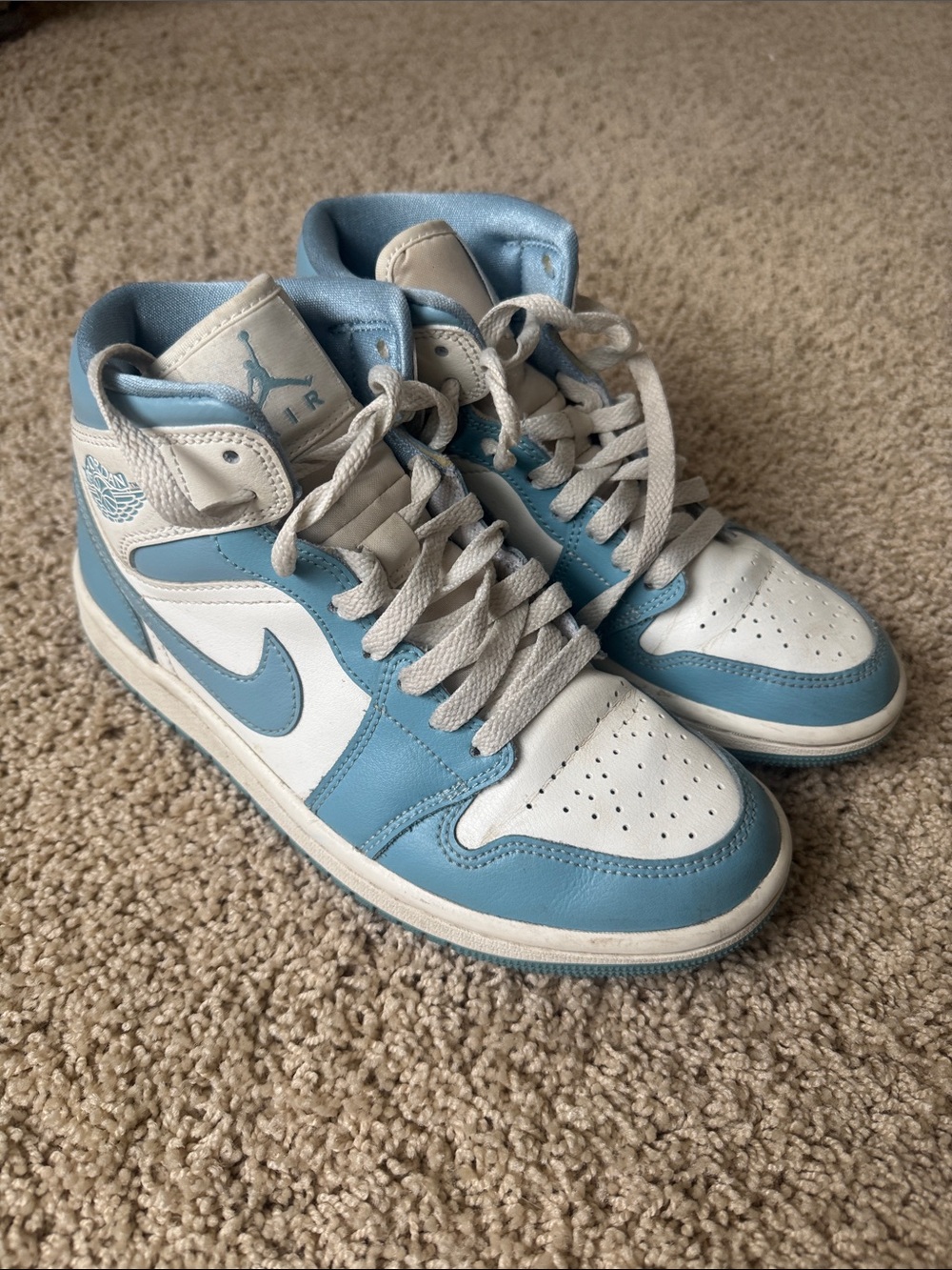 Nike Air Jordan 1 Mid White and Light Blue Sneakers